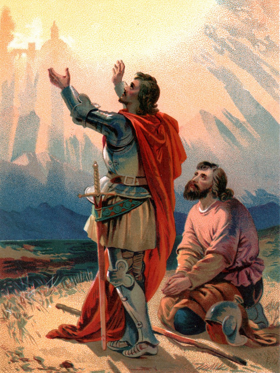 "Christian, the pilgrim of the title, kneels in wonderment as he and his companion arrive within sight of the Holy City" alkotó: Henry Courtney Selous