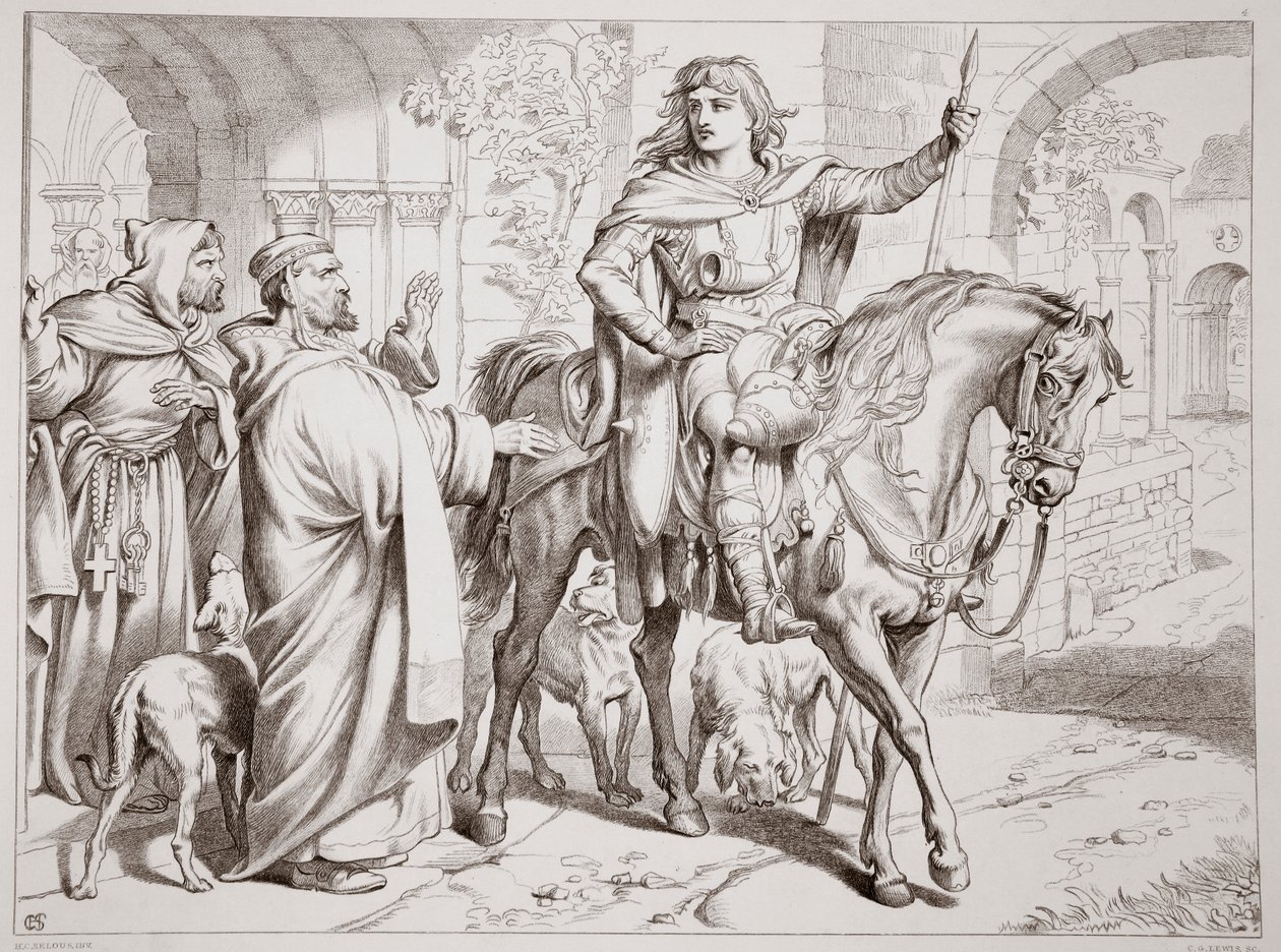 Hereward tájékoztatja a prior nagybátyját, hogy hamarosan törvényen kívül helyezik. Illusztráció: Charles Kingsley, Nagy Hereward, pub. 1870, metszett: C.G. Lewis (acéllemez gravírozás) alkotó: Henry Courtney Selous