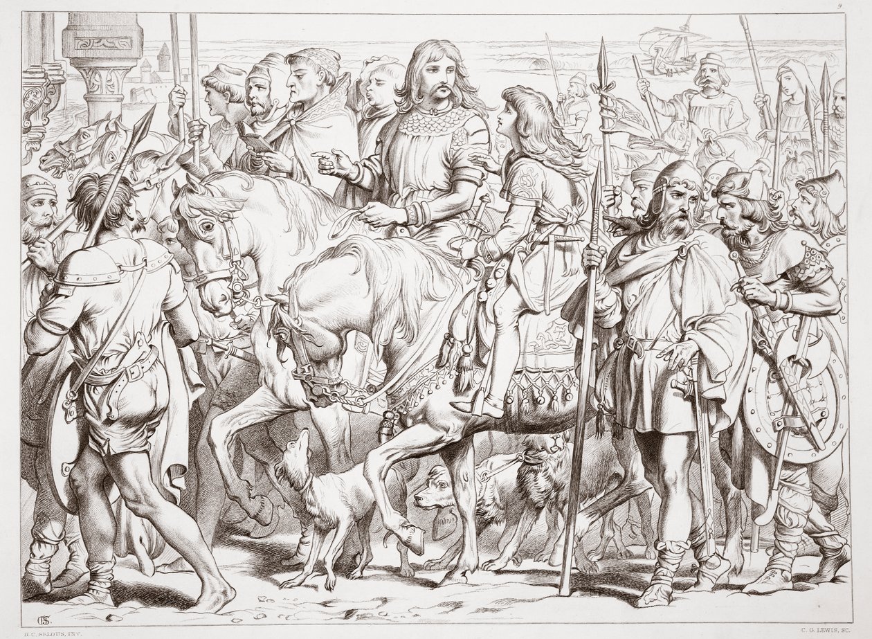 Hogyan lép be Hereward a felszentelt St. Bertin erődbe, Charles Kingsley illusztrációja: Nagy Hereward, kocsma. 1870, metszett: C.G. Lewis (acéllemez gravírozás) alkotó: Henry Courtney Selous