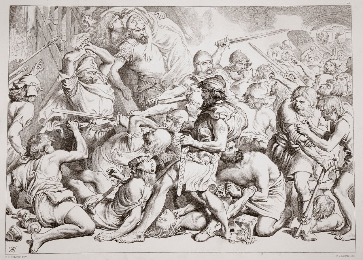 Hogyan Hereward megmenti Alftrudát, Charles Kingsley illusztrációja a Nagy Herewardból, pub. 1870, metszett: C.G. Lewis (acéllemez gravírozás) alkotó: Henry Courtney Selous