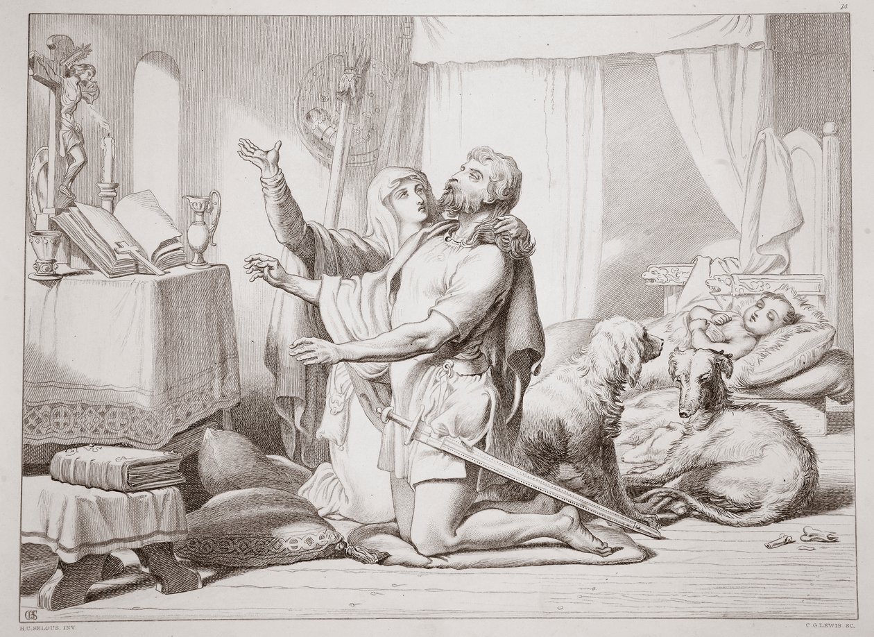 Hogyan tanítja Torfrida Herewardot imádkozni, illusztráció Charles Kingsley Hereward the Great című művéből. 1870, metszet: C.G. Lewis (acéllemez-metszet) alkotó: Henry Courtney Selous