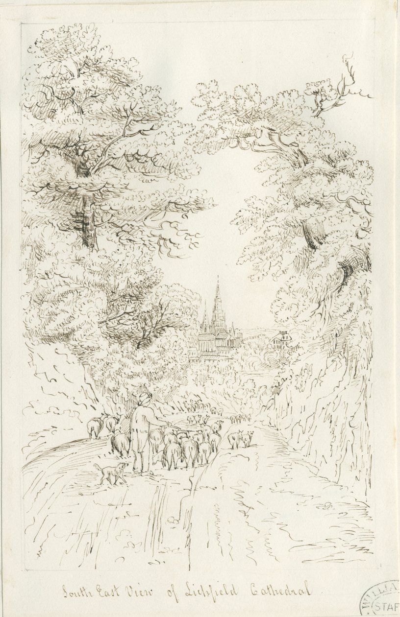 Lichfield katedrális – Délkeleti nézet (távoli): tollrajz, nd [19. század] (rajz) alkotó: Henry Curzon Allport