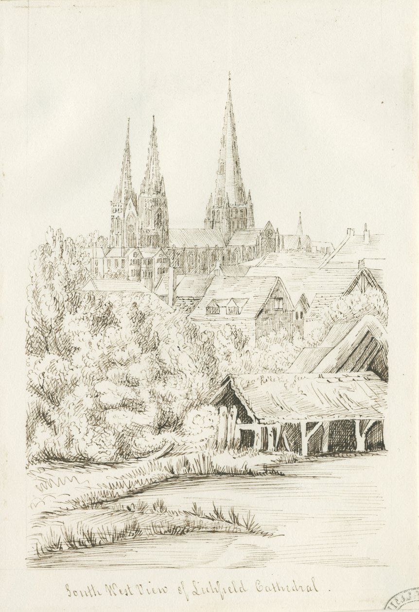 Lichfield katedrális – délnyugati nézet: tollrajz, nd [?1788-1855] (rajz) alkotó: Henry Curzon Allport