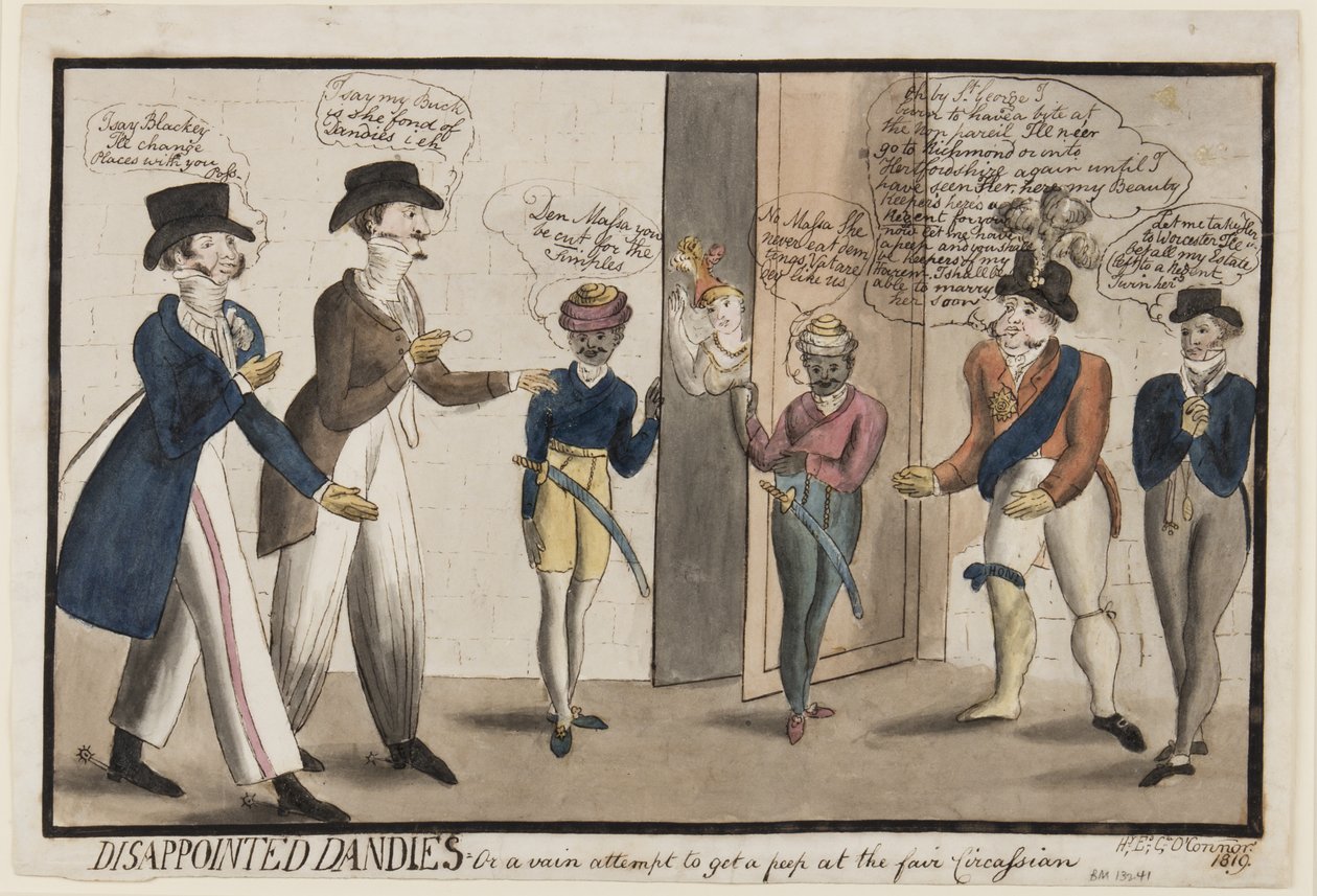 Csalódott Dandies: Vagy egy hiábavaló próbálkozás, hogy bekukkantsanak a vásárra, a Circassian, 1819 (toll, ecset, tinta és WC papíron) alkotó: Henry E. O. OConnor