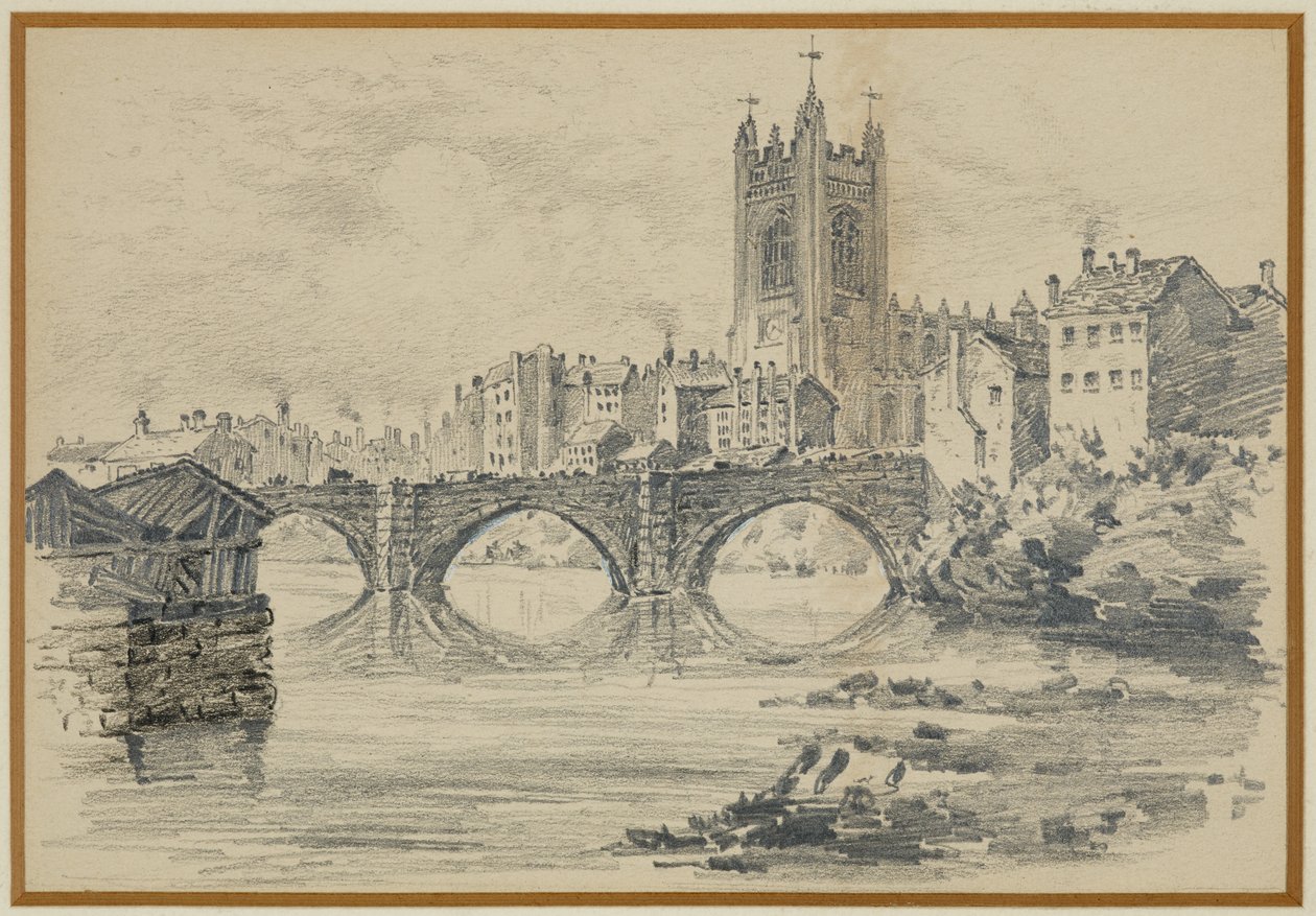 A régi templom és a Salford híd (régi nyomatból) alkotó: Henry Edward Tidmarsh