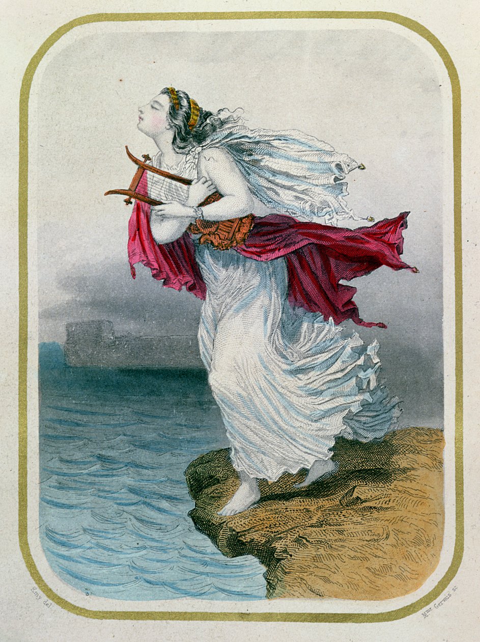 A költőnő, Sappho, a tengerbe veti magát, Gervais asszony metszete, 1849 alkotó: Henry Emy
