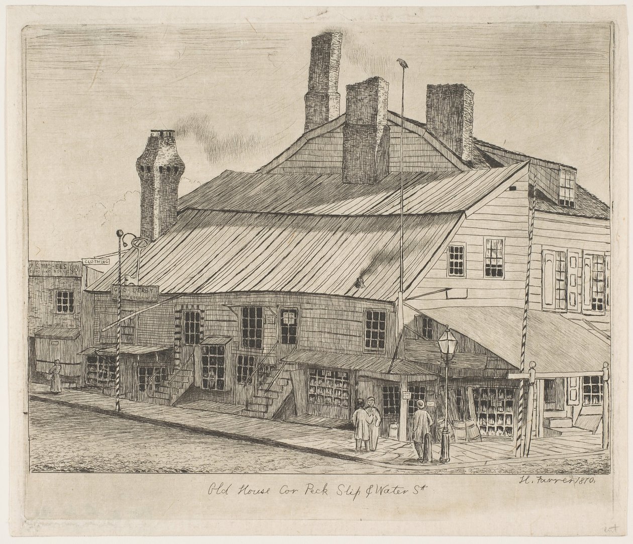 Old House, Corner of Peck Slip és Water Street from Scenes of Old New York, 1870. alkotó: Henry Farrer