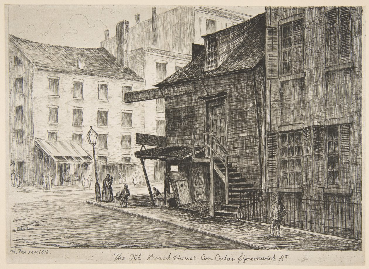 A régi tengerparti ház, a Cedar Street és a Greenwich Street sarkán, a „Régi New York jelenetei” című sorozatból alkotó: Henry Farrer