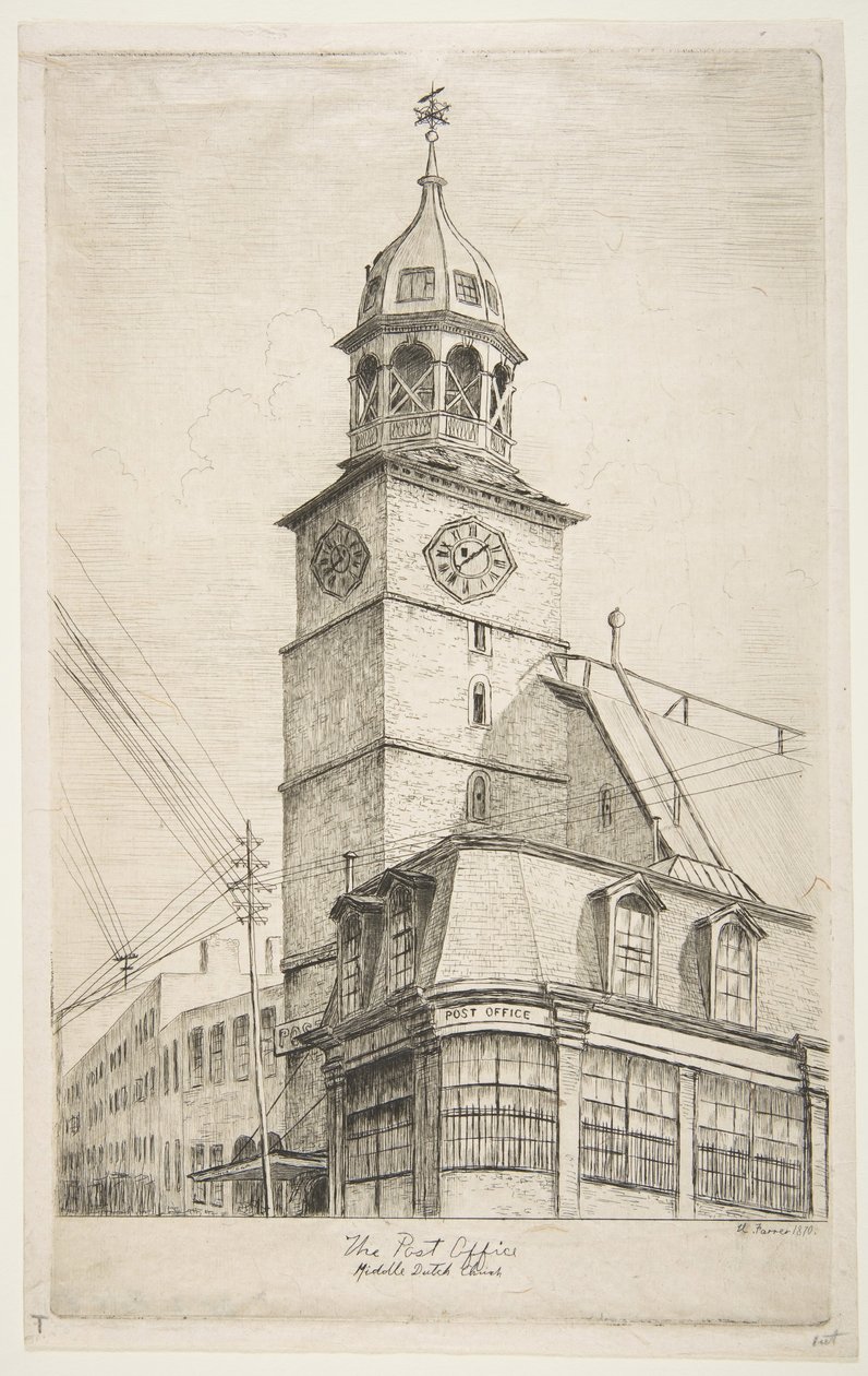 Posta, Közép-holland templom a régi New York-i jelenetekből, 1870. alkotó: Henry Farrer