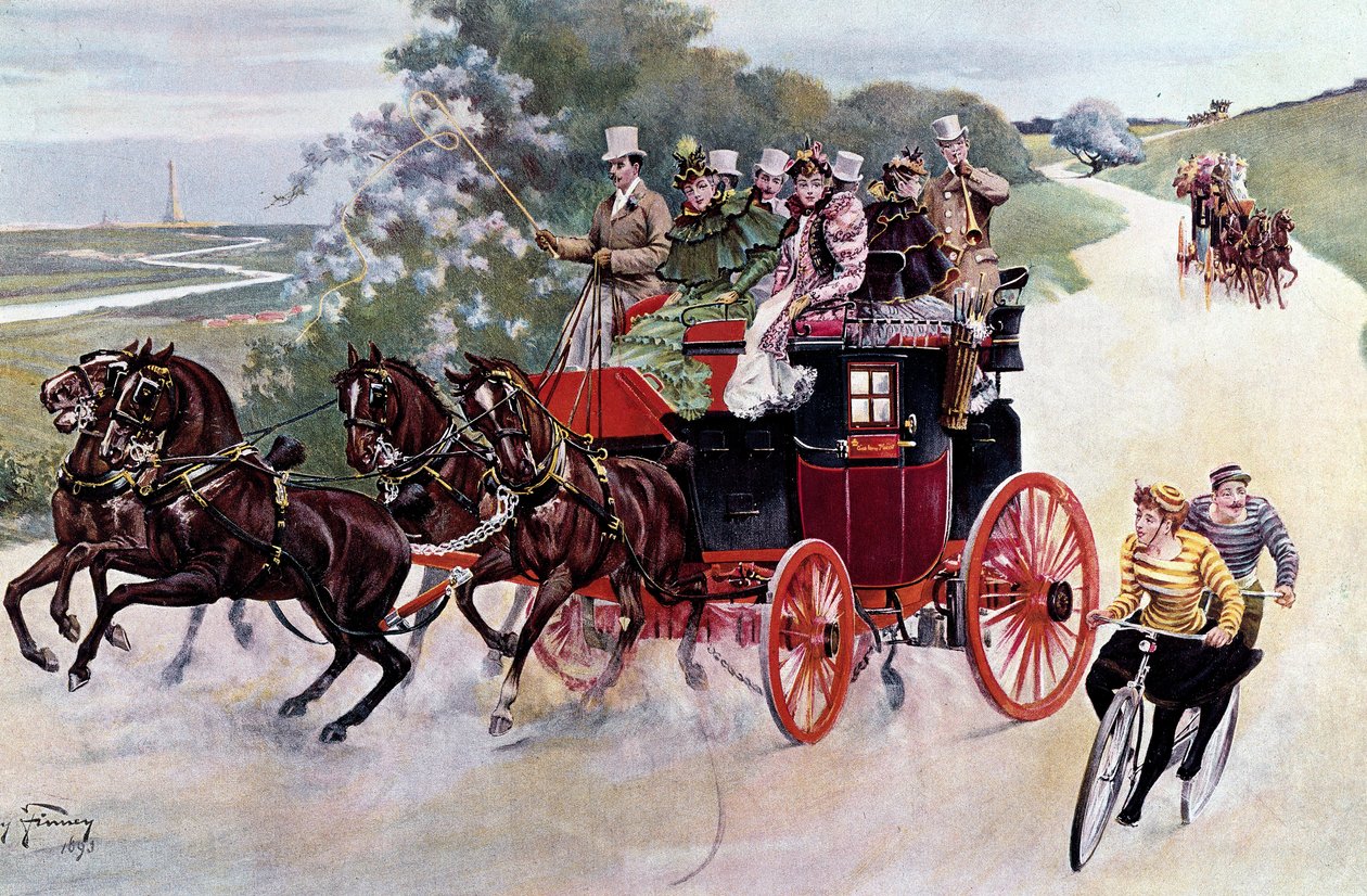 Utasok és kerékpárosok vontatott rakománya. Litográfia Henry Finney festménye alapján (XIX. század), 1890 körül. Magángyűjtemény alkotó: Henry Finney