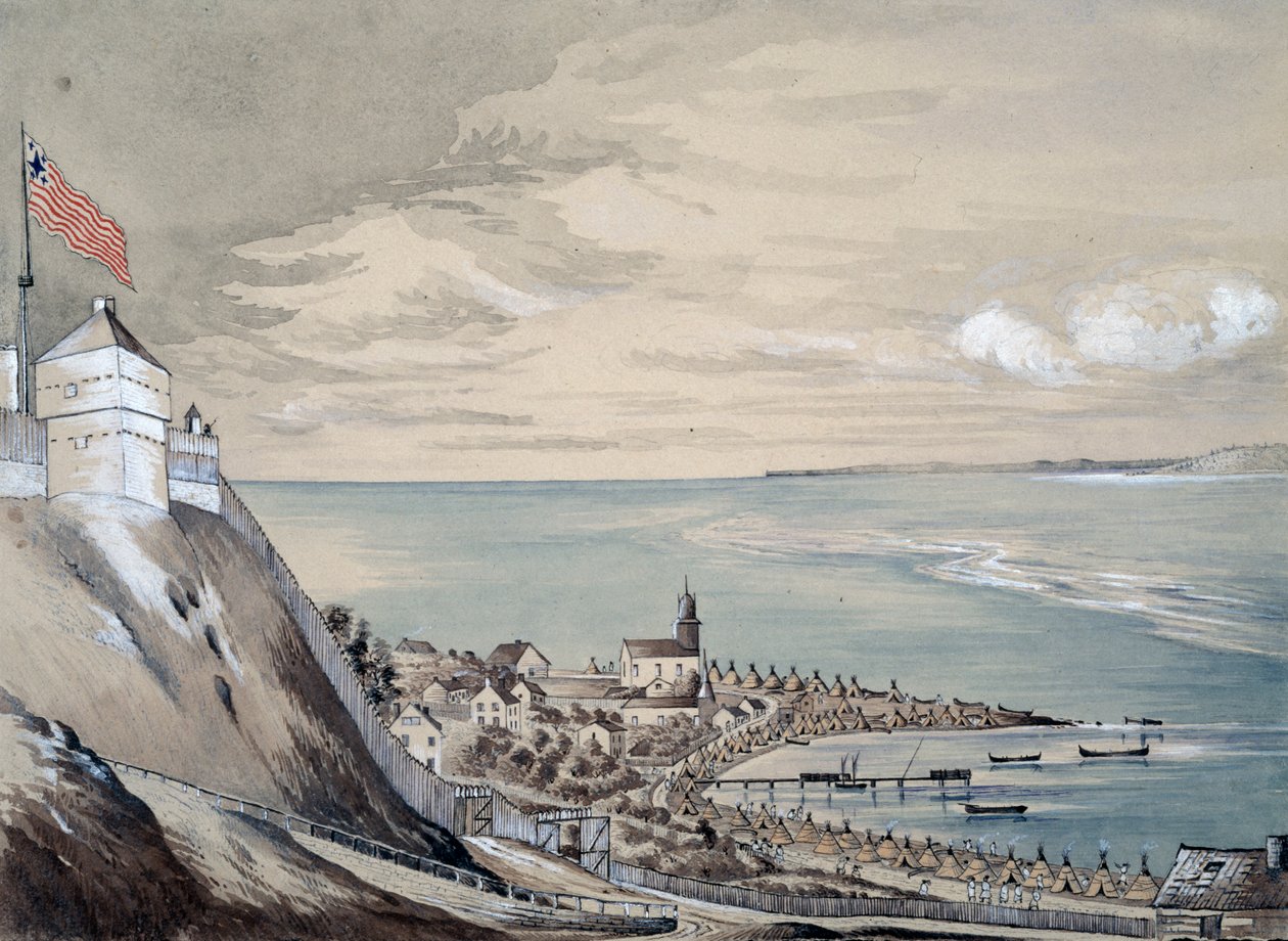 Mackinaw erődje és faluja, az indián táborral, 1842. szeptember (wc papíron) alkotó: Henry Francis Ainslie
