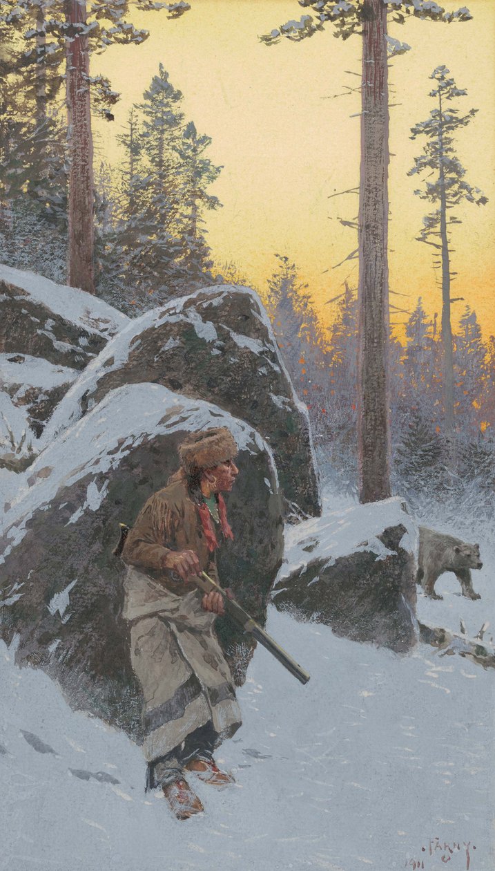 Az indiai medvevadász, 1911 (akvarell, papírra szerelve) alkotó: Henry Francois Farny