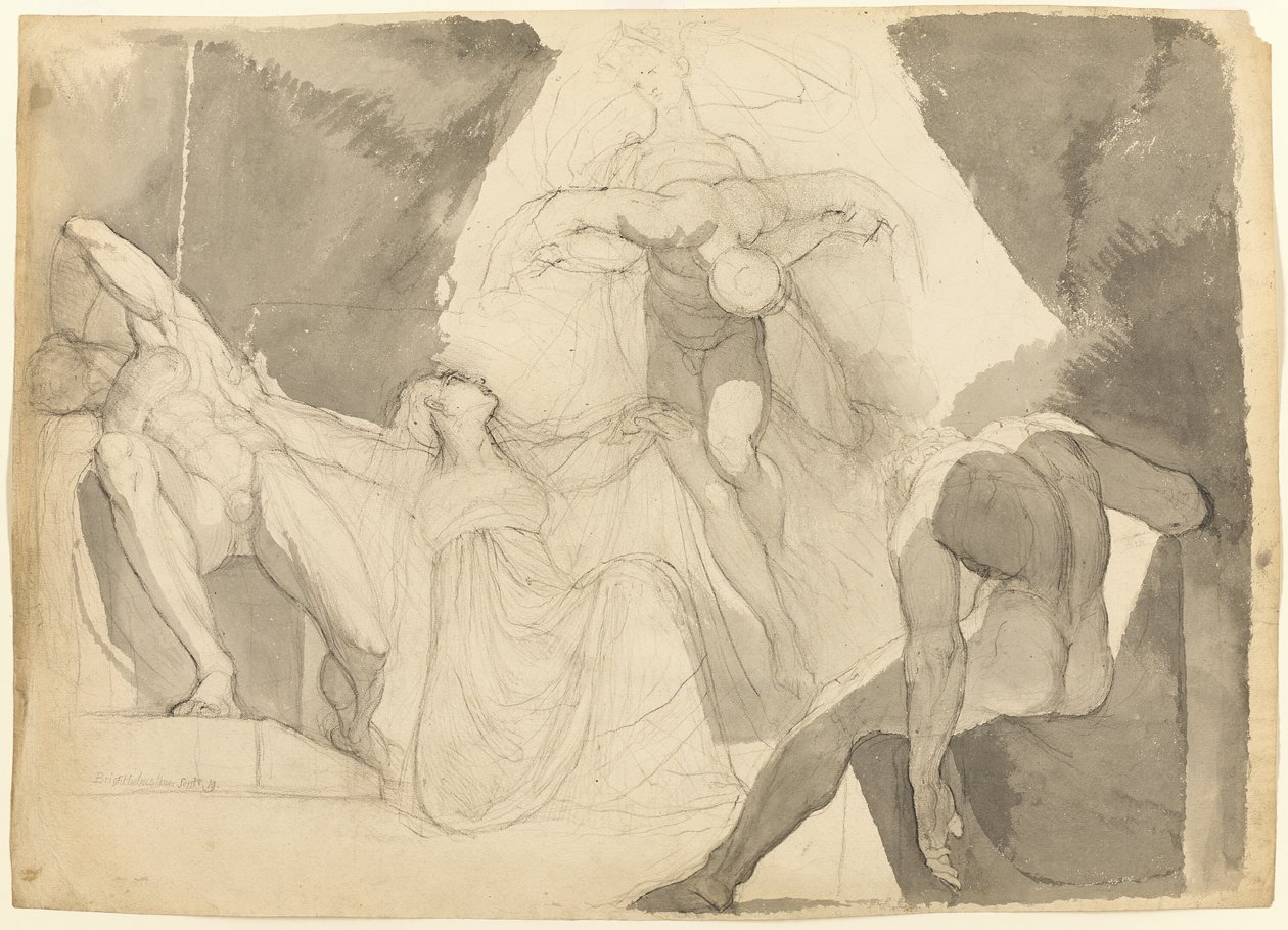 Eeriboia segítségével Hermész elviszi Aloeus alvó fiaitól a kimerült arét (recto); Vázlat Aloeus egyik alvó fiáról (verso) alkotó: Johann Heinrich Füssli