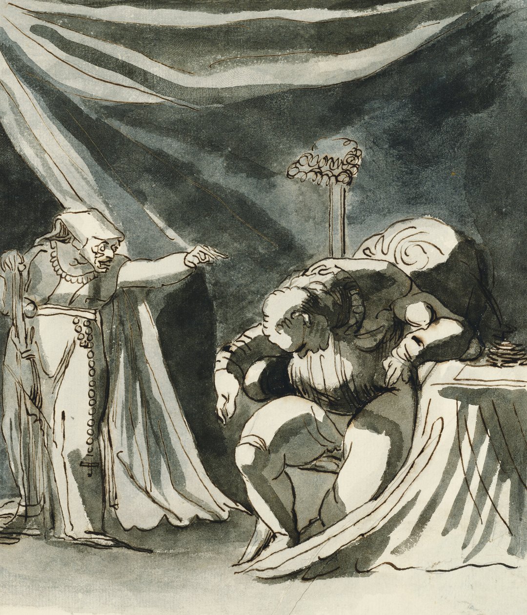 Rózsafüzért viselő öregasszony, aki egy ülő férfit átkoz; Valószínűleg Margit királynő megátkozza Gloucester hercegét, alkotó: Johann Heinrich Füssli