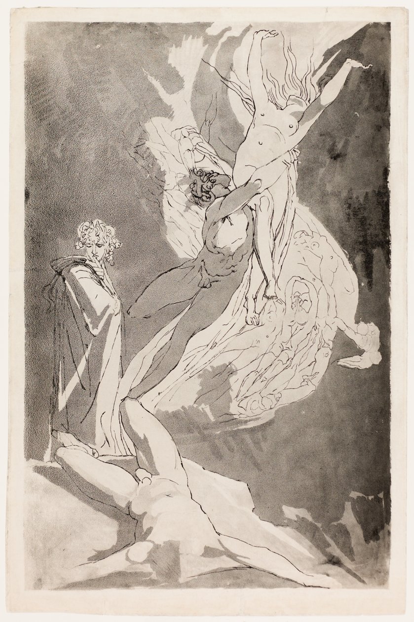 Dante elájul Paolo és Francesca szárnyaló lelkei előtt, Virgil az oldalán alkotó: Johann Heinrich Füssli