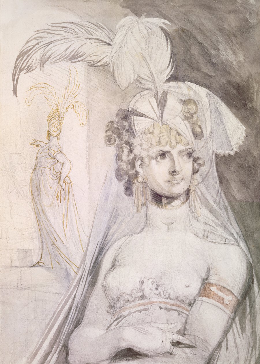 Egy udvarhölgy félfigurája tollal, masnival és fátyollal a hajában, 1800-10 (ceruza, wc és tinta papíron) alkotó: Johann Heinrich Füssli