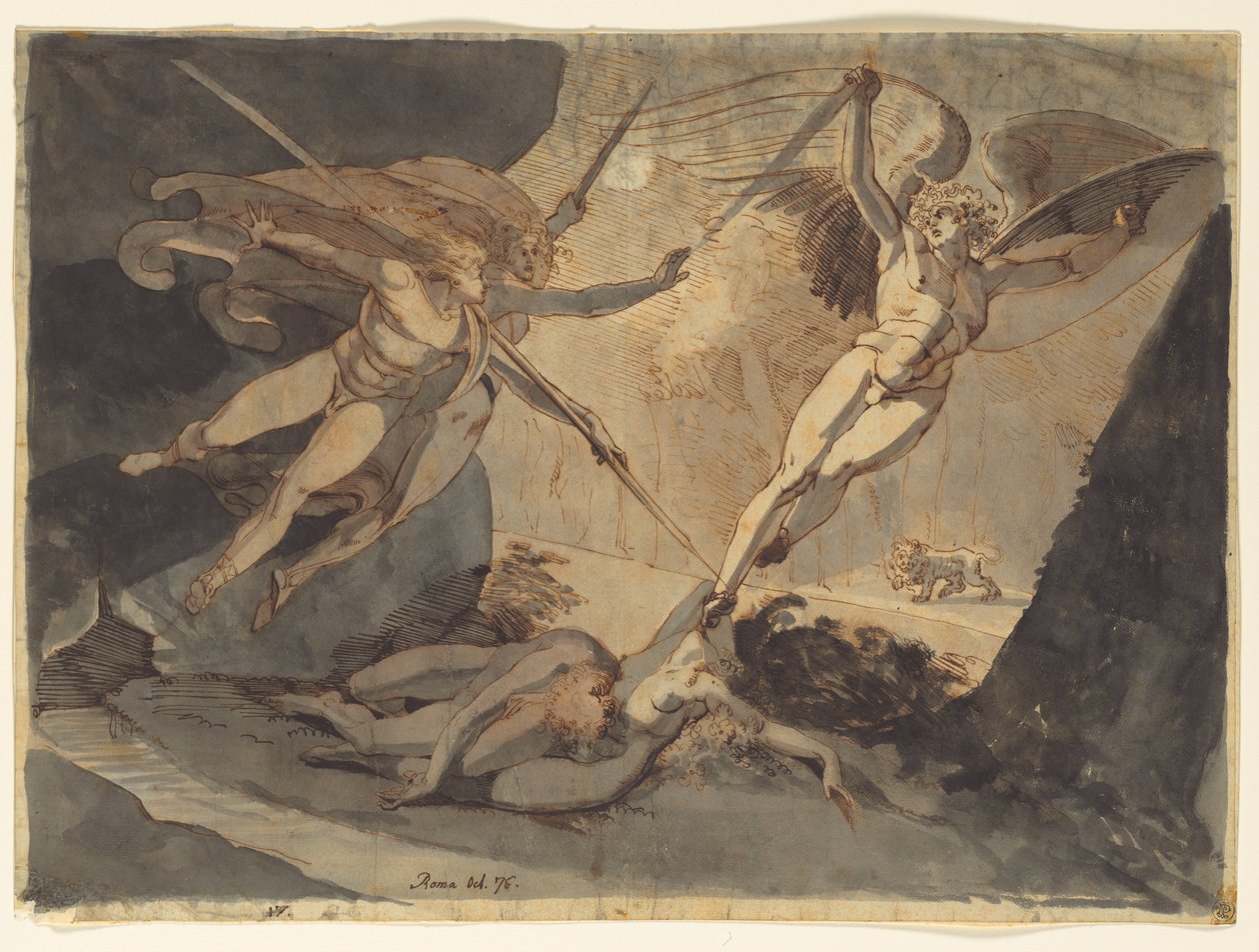 A Sátán Ithuriel lándzsájának érintéséből indul ki alkotó: Johann Heinrich Füssli