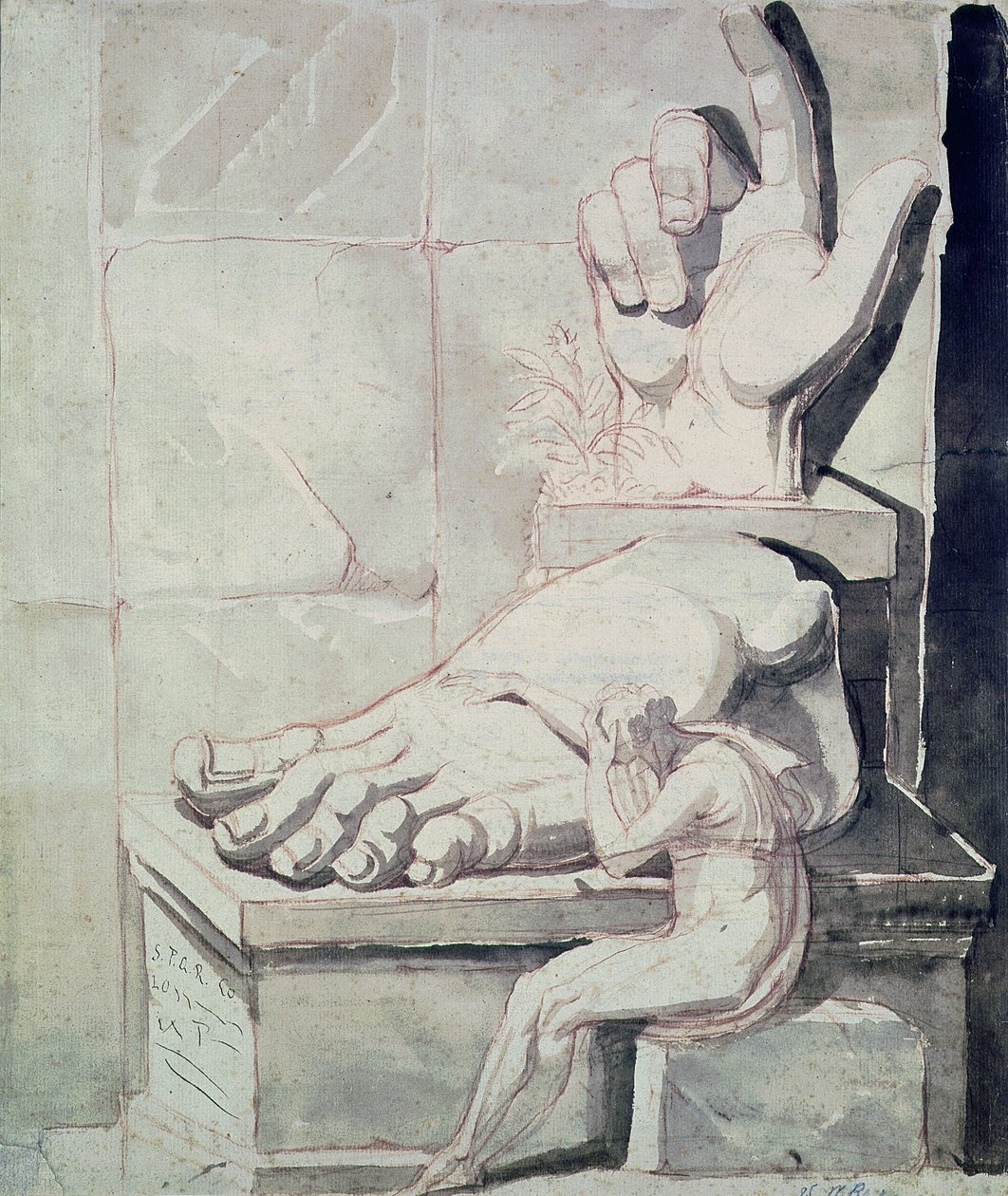 A művész kétségbeesett az antik töredékek nagysága miatt (Konstantin-kolosszus jobb keze és bal lába) 177880 (vörös kréta és szépia mosás papíron) alkotó: Johann Heinrich Füssli
