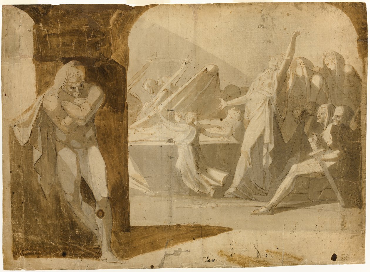 Gloucester hercege Lady Anne-ra várva apósa, VI. Henrik király temetési menetén (recto); Álló férfi akt, előrehajolva (fordítva) alkotó: Johann Heinrich Füssli
