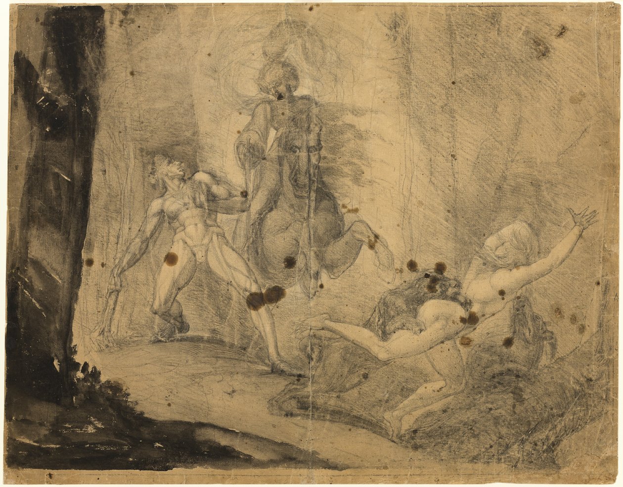 Theodore az erdőben találkozik őse, Guido Cavalcanti kísértetével, masztiffekkel üldözi egykori megvető úrnőjét alkotó: Johann Heinrich Füssli