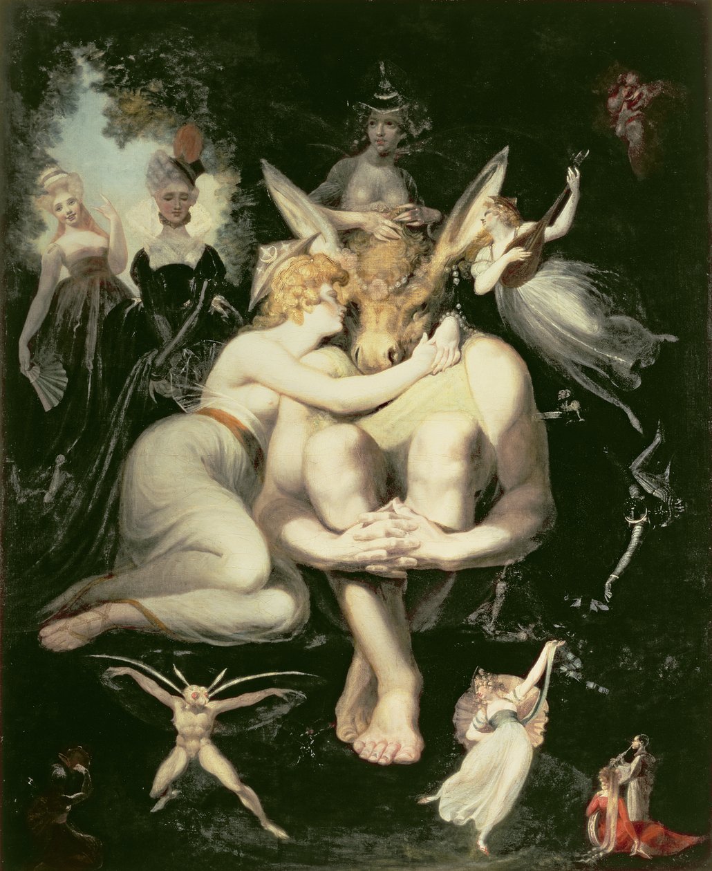Titania Awakes, kísérőtündérekkel körülvéve, elragadtatottan ragaszkodik Bottomhoz, még mindig a szamárfejet viseli, 1793-4 alkotó: Johann Heinrich Füssli