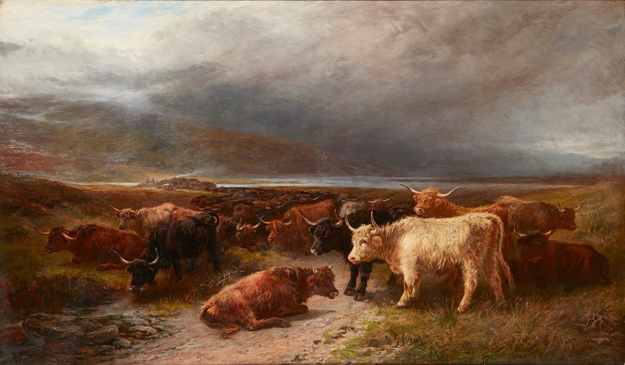 Highland Cattle in a Mountain Glen (olaj, vászon) alkotó: Henry Garland