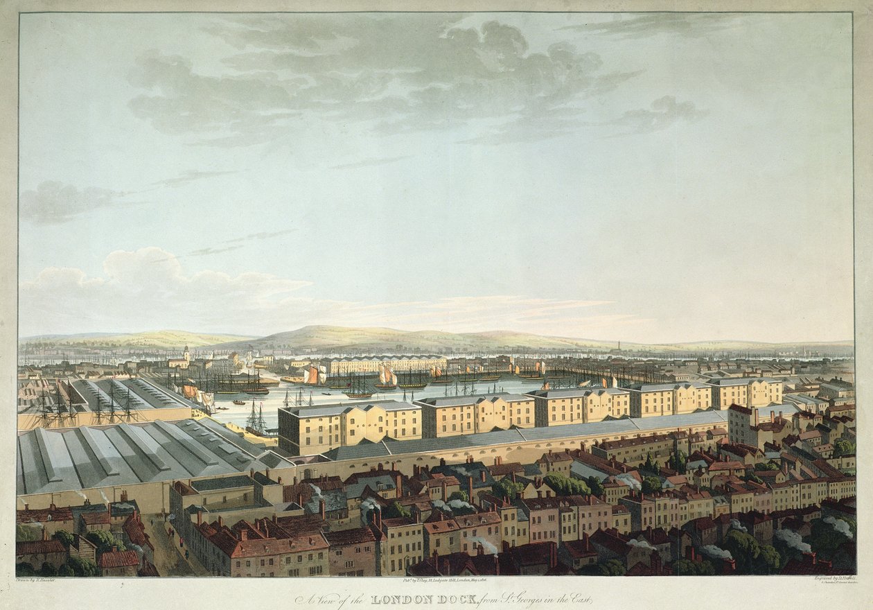 Kilátás a londoni dokkról a keleti St. Georges-ból, Daniel Havell metszete, pub. szerző: T. Clay, 1816 (akvatinta) alkotó: Henry Haseler