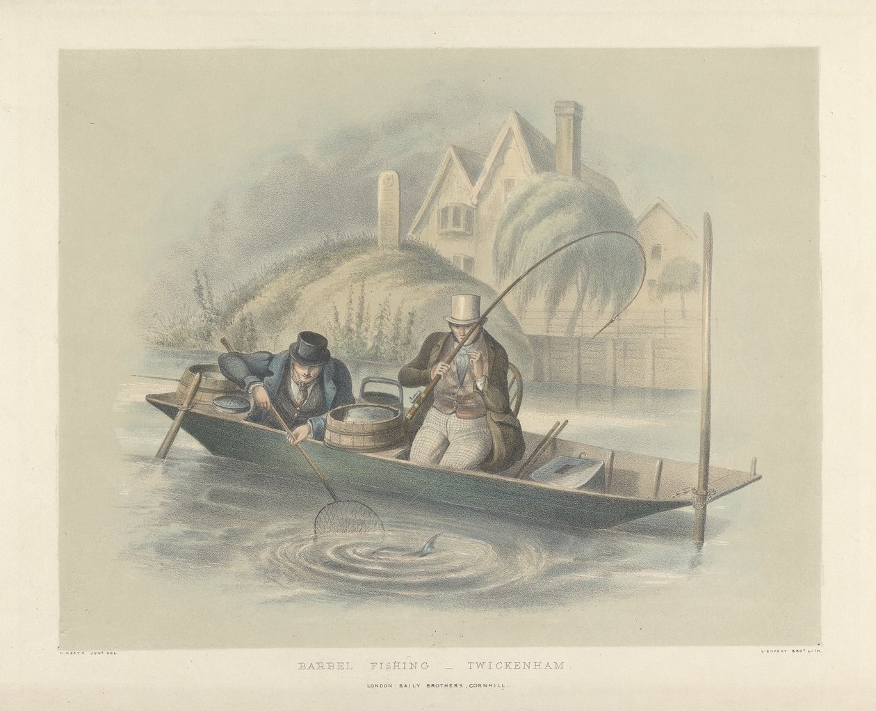 Barbel Fishing, Twickenham, egy hat képből álló horgászképből (kézzel színezett litho) alkotó: Henry Heath