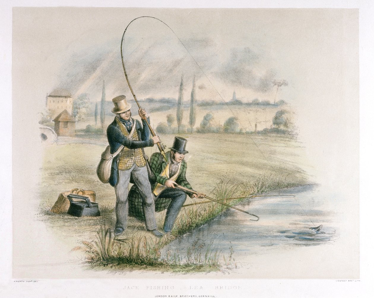 Jack Fishing, Lea Bridge, az „Angling” (kézzel színezett litó) hat képből álló sorozatából alkotó: Henry Heath