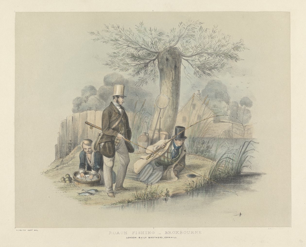 Roach horgászat, Broxbourne, egy hat képből álló horgászképből (kézzel színezett litó) alkotó: Henry Heath