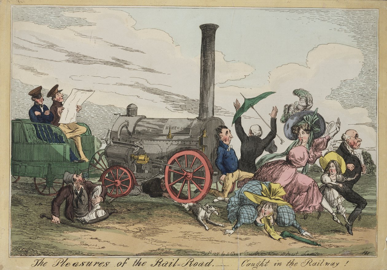 The Pleasures of the Rail Road – Caught in the Railway!, 1840 körül (kézzel színezett rézkarc) alkotó: Henry Heath