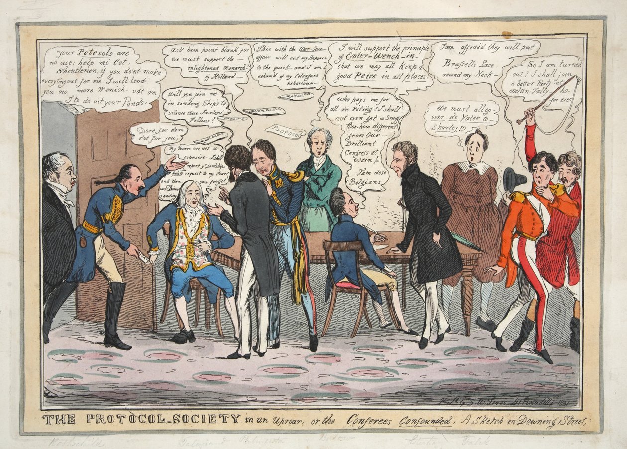 A Protokoll-Társadalom felhajtásban, avagy a Konferenciatagok megzavarodtak. Vázlat a Downing Streeten, kocsmában. 1831 (kézzel színezett metszet) alkotó: Henry Heath