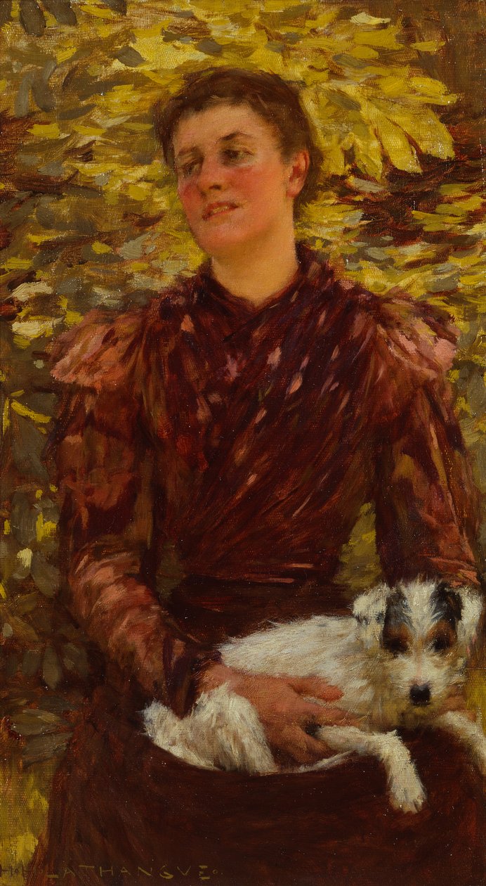 Fiatal lány kutyával (olaj, vászon) alkotó: Henry Herbert La Thangue