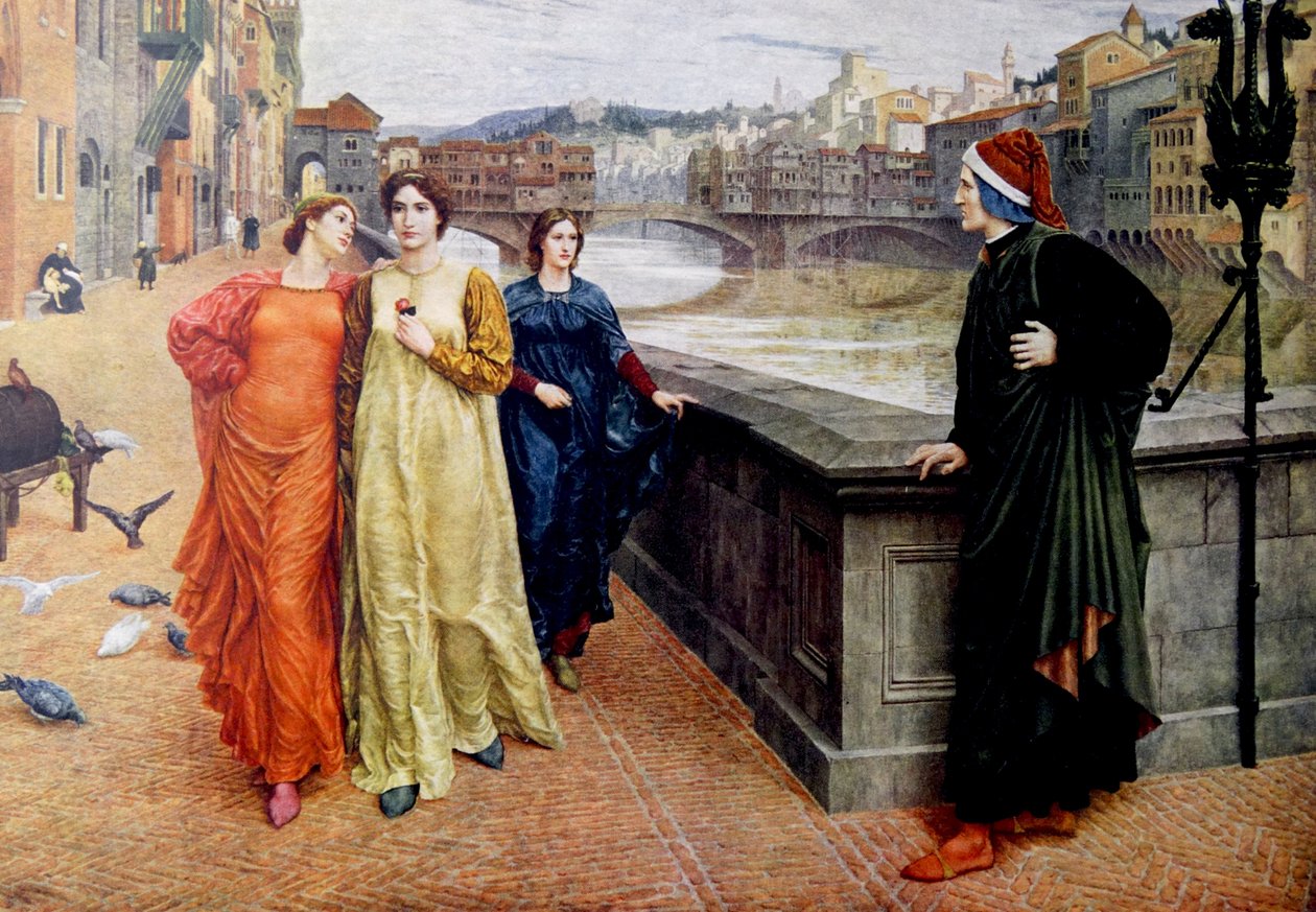 Dante Alighieri találkozása múzsájával, Beatrice Portinarival Firenzében alkotó: Henry Holiday