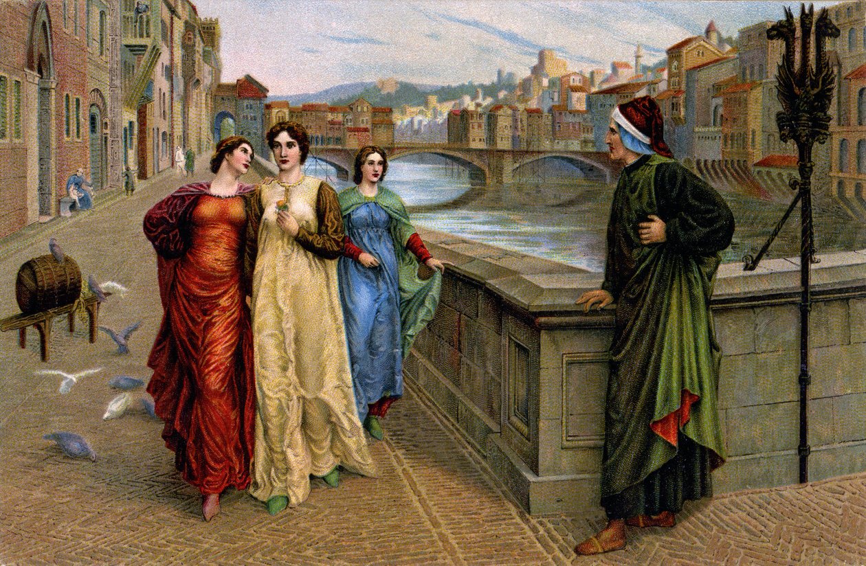 Dante Alighieri találkozik múzsájával, Beatrice Portinarival Firenzében, 1890 körül (nyomat) alkotó: Henry Holiday