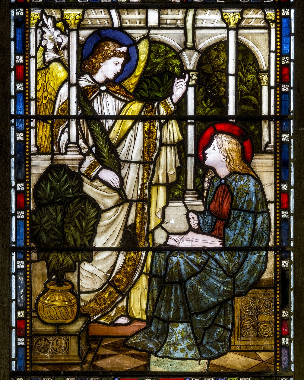Kirkstall, St Stephen, Heaton Butler & Bayne, Henry Holiday, The Annunciation, 1870 körül. alkotó: Henry Holiday