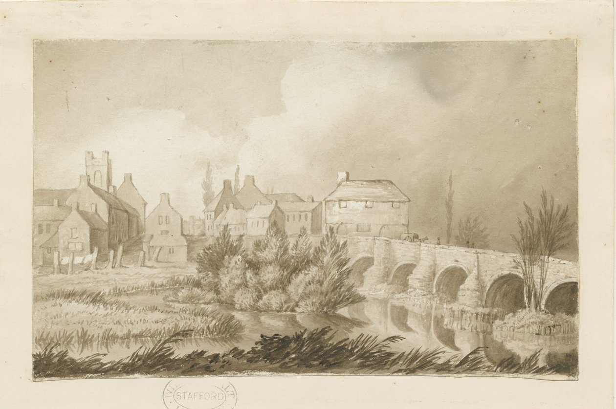 Burton-upon-Trent híd és város: szépia rajz, nd [c 1840] alkotó: Henry James Noyes