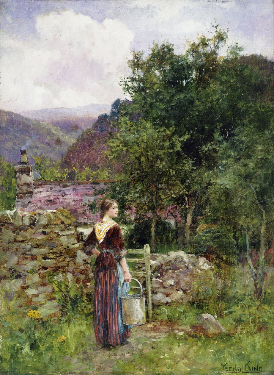 Egy fiatal lány egy kunyhó előtt áll, kezében vödörrel, alkotó: Henry John Yeend King