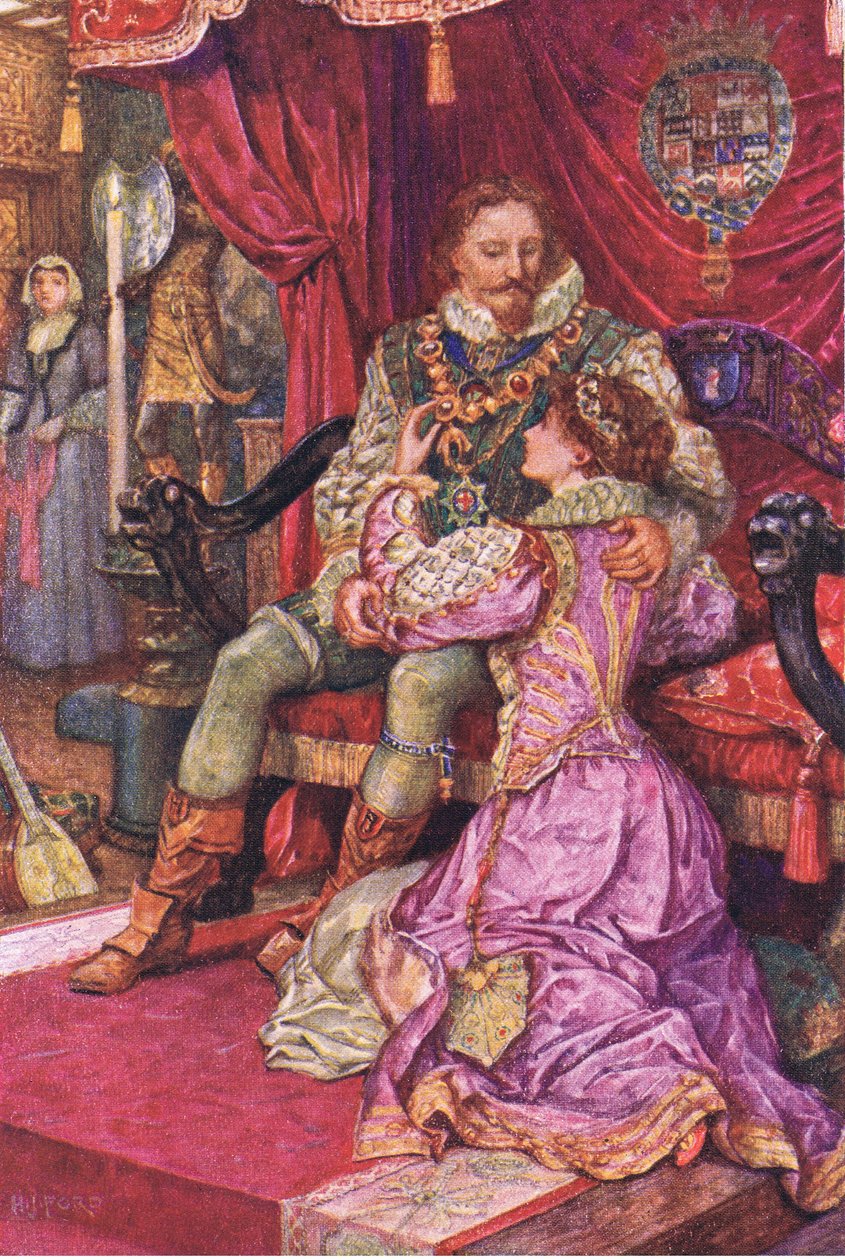 Amy megvizsgálja az Earl of Leicesters rendeket, illusztráció Kenilworthből, 1910 körül alkotó: Henry Justice Ford