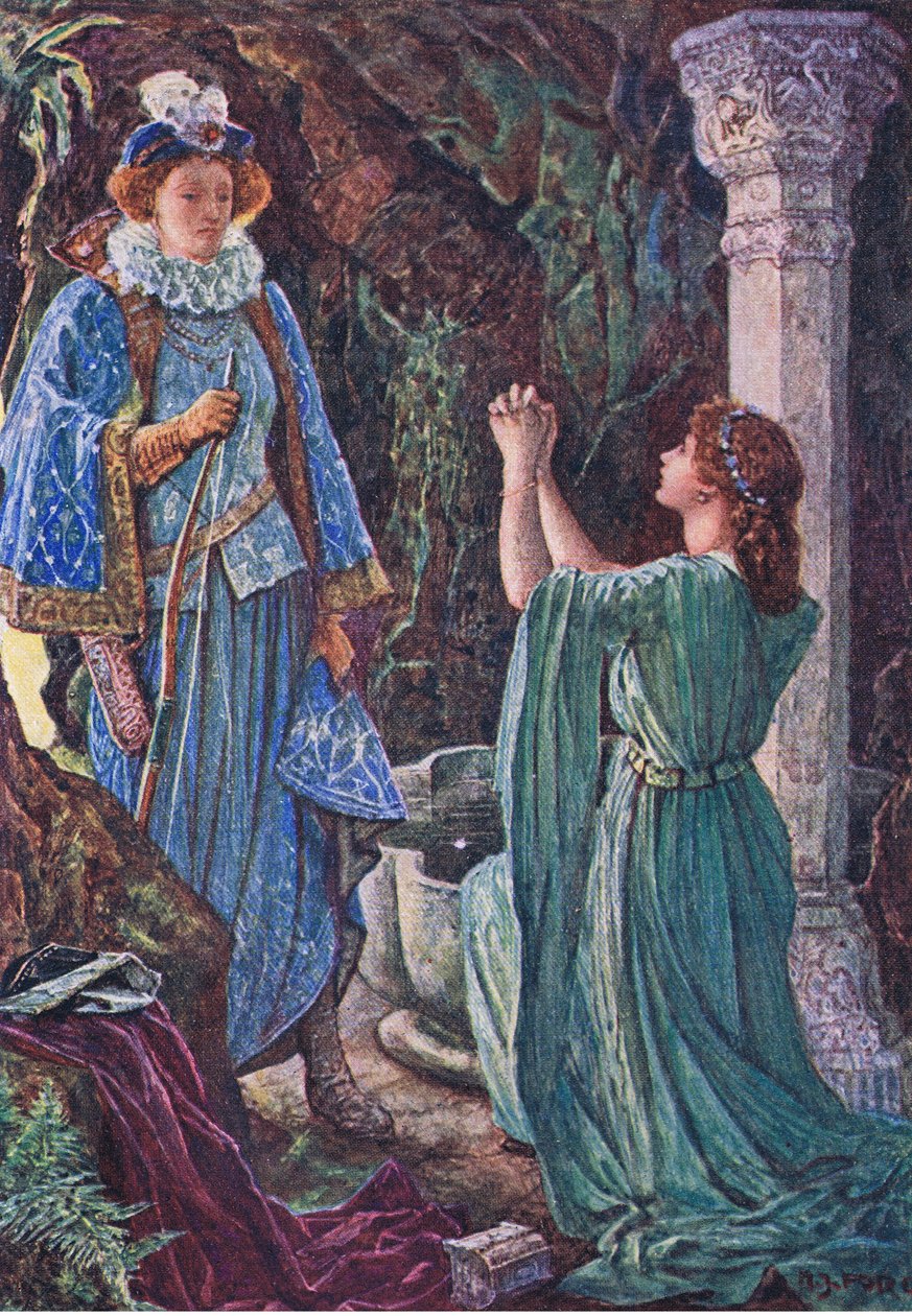 Elizabeth és Amy találkoznak a barlangban, illusztráció: Kenilworth, 1910 körül alkotó: Henry Justice Ford