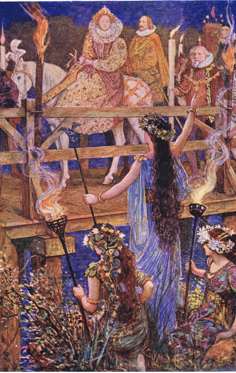 Erzsébetet az úszó sziget hölgye üdvözli, illusztráció: Kenilworth, 1910 körül alkotó: Henry Justice Ford