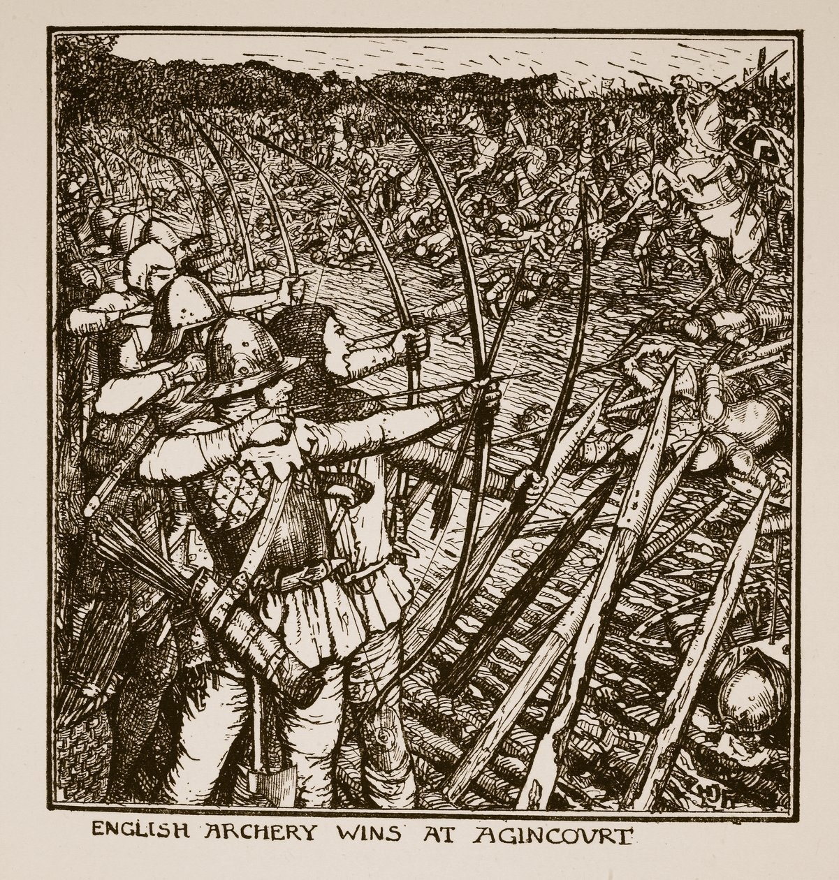 Angol íjászat nyer Agincourtban, illusztrációja C.R.L. „Anglia története” című művéből. Fletcher és Rudyard Kipling, 1911 alkotó: Henry Justice Ford
