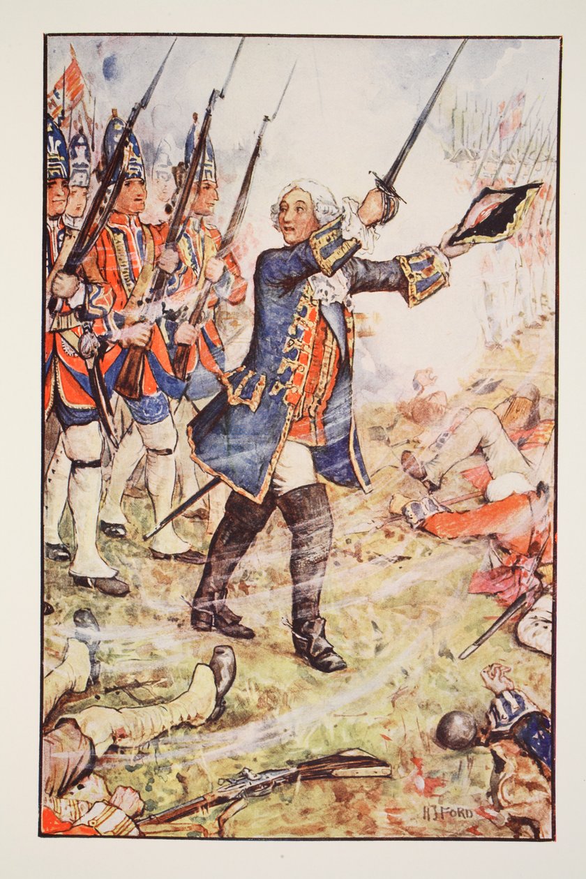 II. György Dettingenben, 1743, illusztráció az „Anglia története” című művéből, C.R.L. Fletcher és Rudyard Kipling, 1911 alkotó: Henry Justice Ford