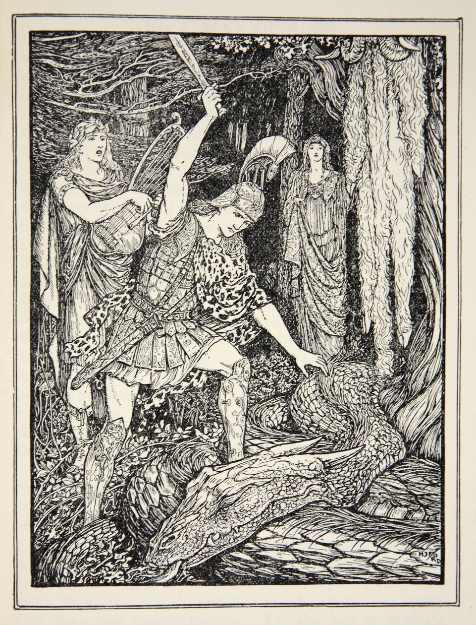 Hogyan ölték meg az aranygyapjút őrző kígyót, Andrew Lang „A görög tenger meséi” című művéből, 1926 (tintával papíron) alkotó: Henry Justice Ford