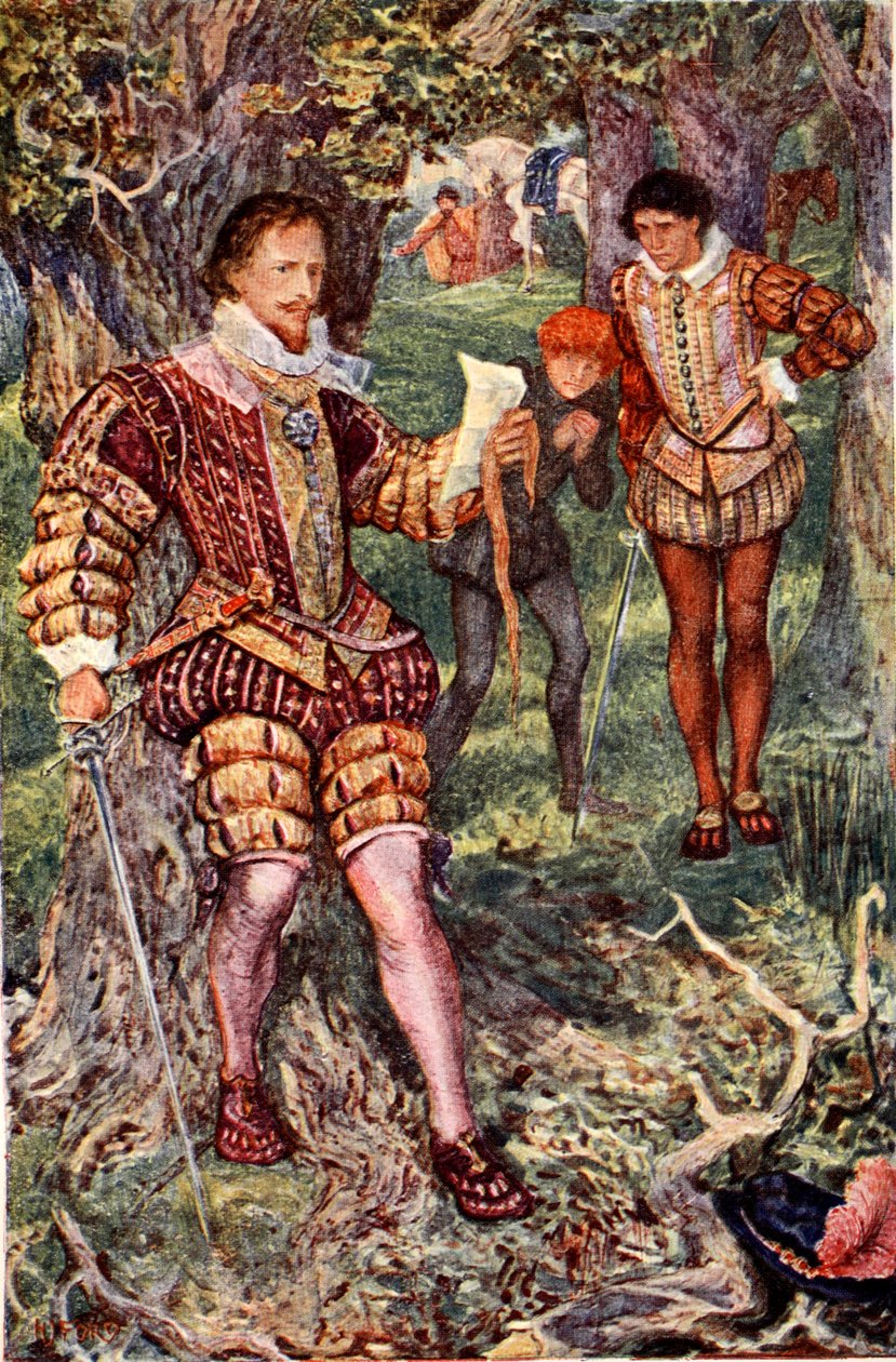 Leicester lefoglalja feleségének, Amynek a levelét, amely Varney megmérgezésére irányuló összeesküvéséről szól. Illusztráció Sir Walter Scott „Kenilworth” című művéből, amelyet 1912-ben adtak ki (színes litó) alkotó: Henry Justice Ford