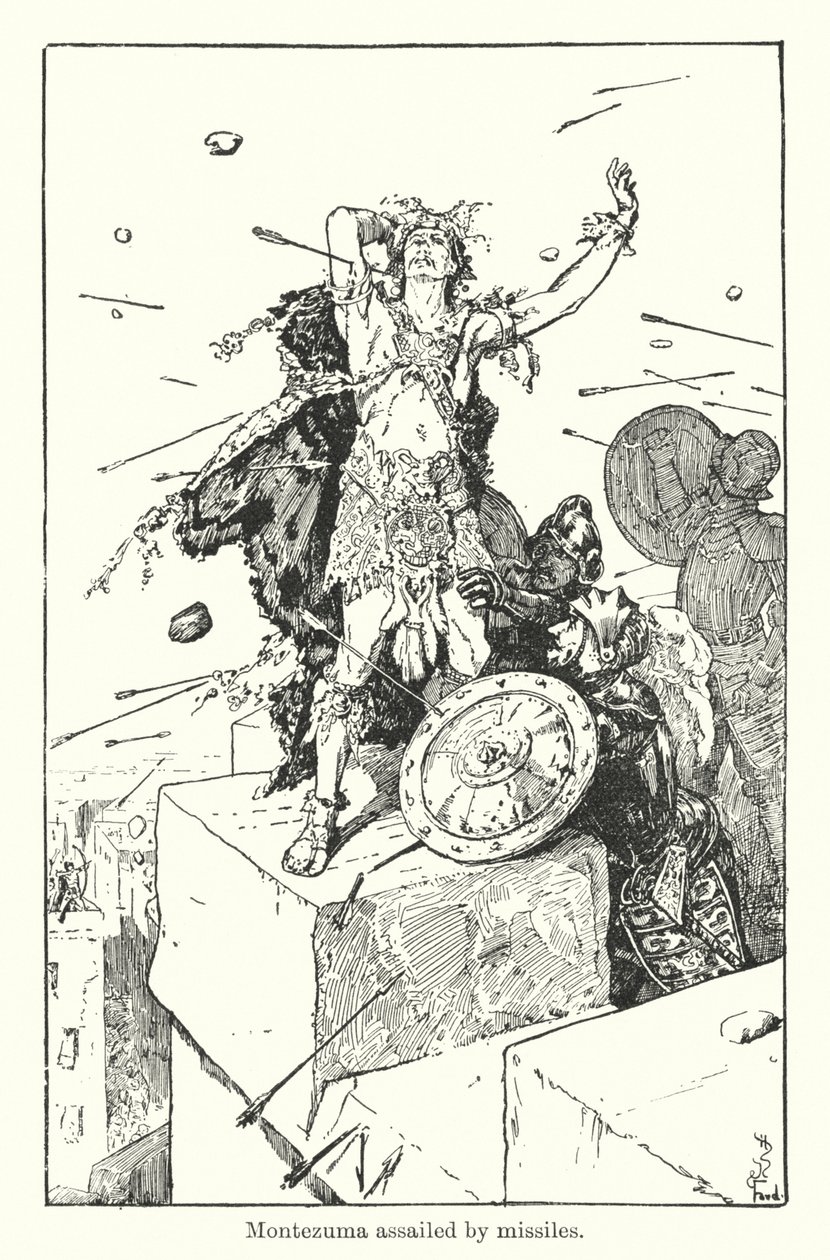 Montezuma rakétákkal támadva (metszet) alkotó: Henry Justice Ford