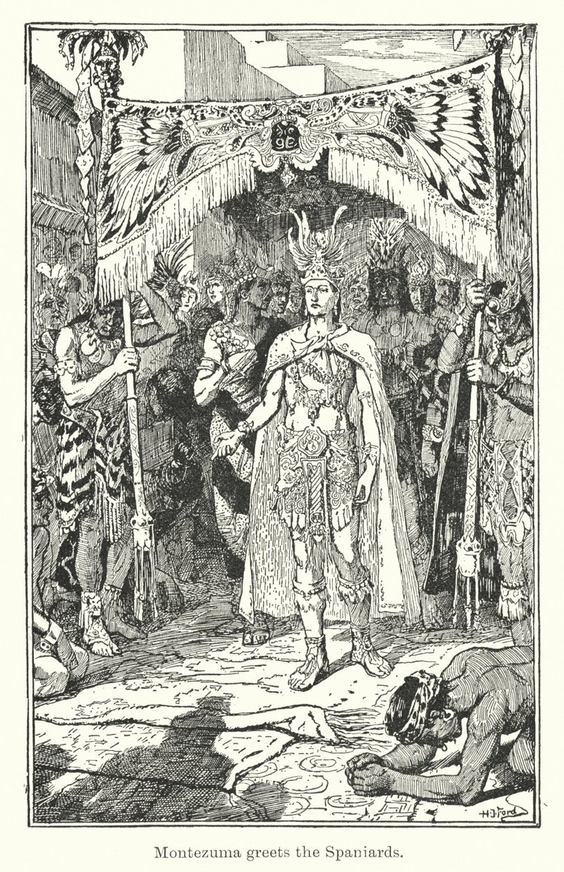 Montezuma üdvözli a spanyolokat (metszet) alkotó: Henry Justice Ford