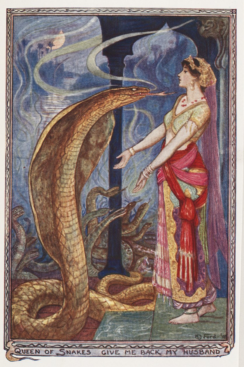 Kígyók királynője, add vissza a férjemet, illusztráció az Olive Fairy Book-ból, Andrew Laing, 1907 alkotó: Henry Justice Ford