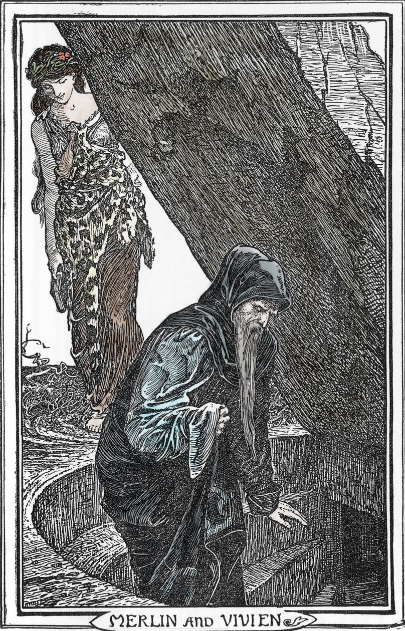 Merlin, a varázsló és Fee Viviane (Merlin anc Vivien) ábrázolása Henry Justice (HJ) Ford (1860-1941) illusztrációja a „The book of romance” című 1902-es gyűjteményi díjból alkotó: Henry Justice Ford