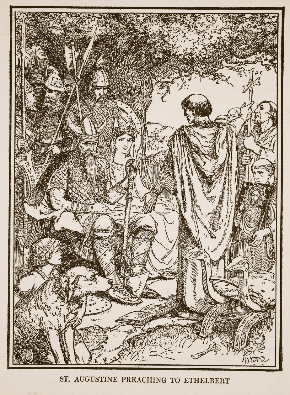 Szent Ágoston prédikál Ethelbertnek, illusztráció az „Anglia története” című könyvéből, C.R.L. Fletcher és Rudyard Kipling alkotó: Henry Justice Ford
